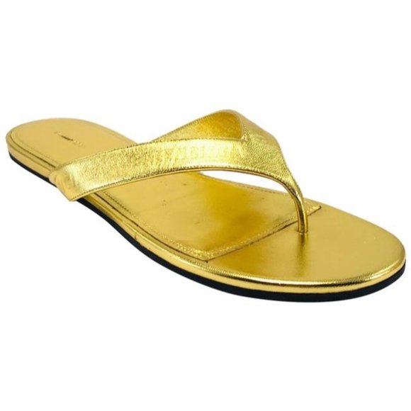 Balenciaga Gold Round Metallic Leather Flip Flops Sandals - Picture 1 of 12